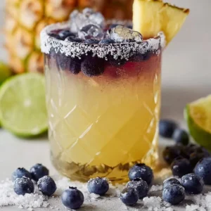Delicious Pineapple Blueberry Margarita in a glass with fruit garnishes