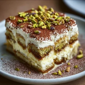 Delicious pistachio tiramisu dessert garnished with chopped pistachios