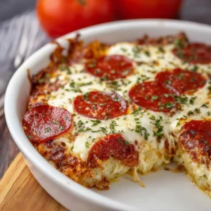 Delicious pizza style cottage cheese bake served in a dish