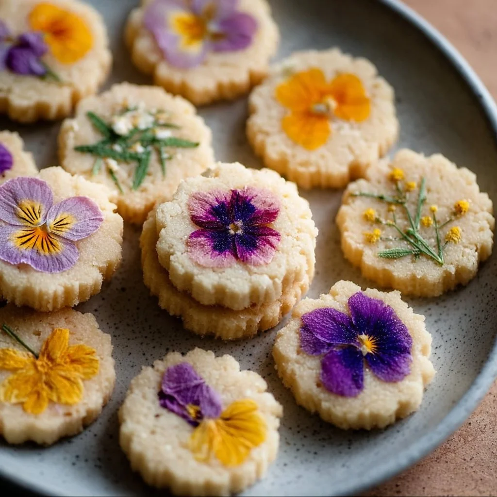 Pressed flower shortbread toppers decorated with edible flowers