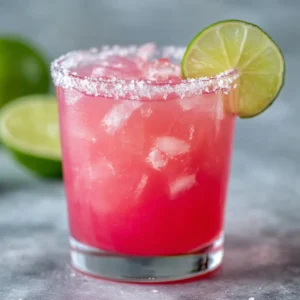 Prickly Pear Margarita served in a glass with vibrant pink color and lime garnish