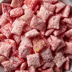 Quick Strawberry Shortcake Puppy Chow dessert mixed with strawberries and cake flavors
