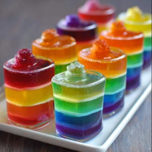 Colorful Rainbow Jello Shots in clear cups for festive gatherings