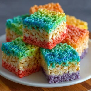 Colorful Rainbow Rice Krispie Treats stacked on a plate for a fun dessert.