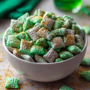 Bowl of festive Saint Patrick's Day Puppy Chow with green sprinkles
