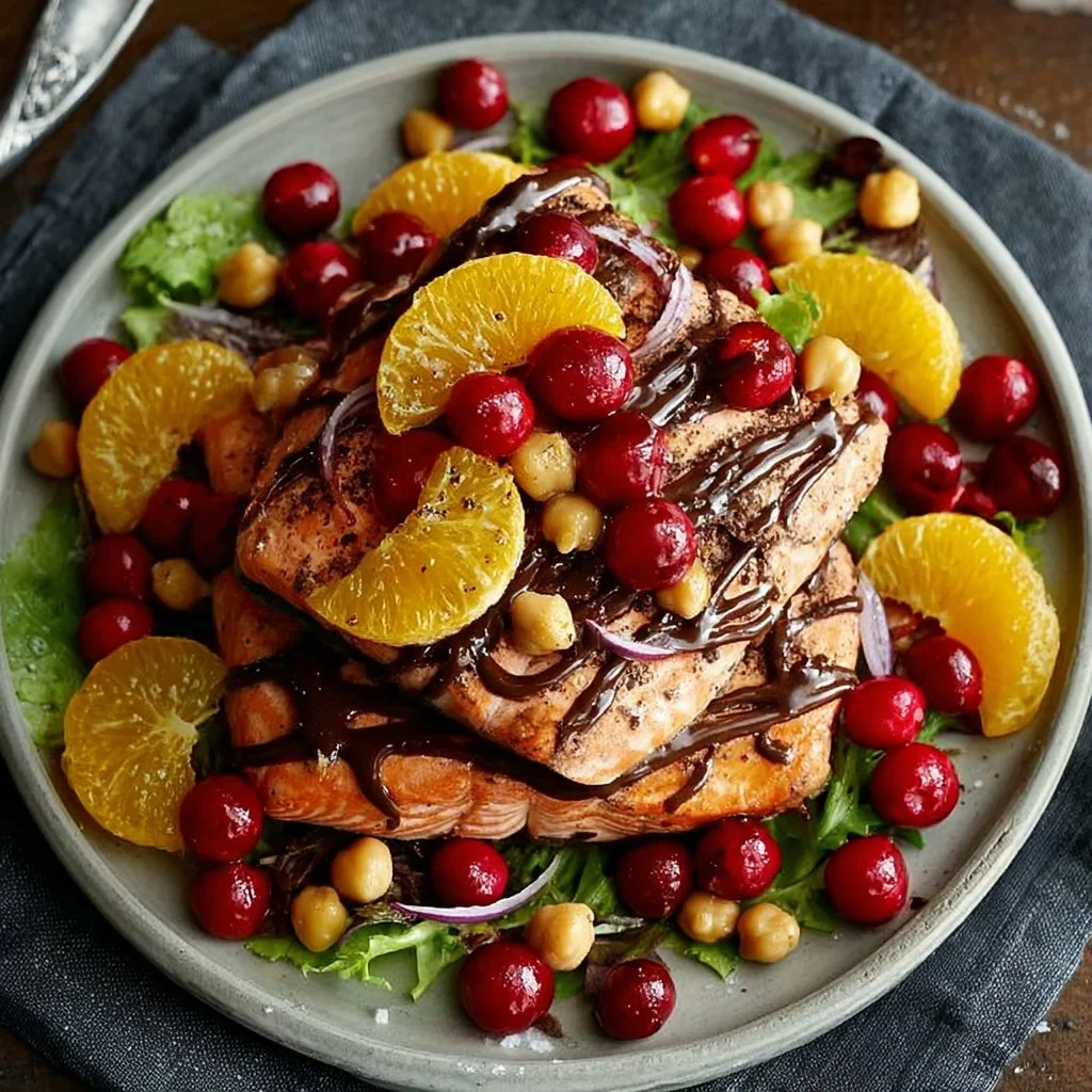 Salmon salad with chickpeas and orange slices served in a bowl.