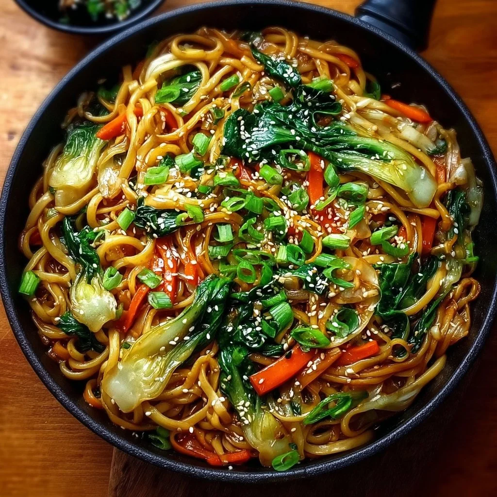 Bok Choy Lo Mein with sautéed bok choy and ginger in a dish
