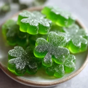 Colorful shamrock-shaped homemade gummies made with jello.