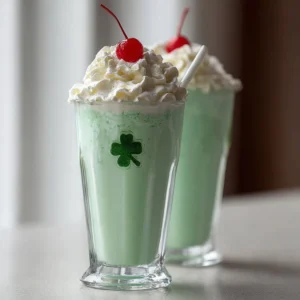 Delicious Shamrock Shake served in a tall glass with a green straw and whipped cream.