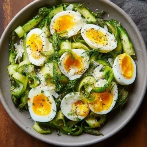 Shaved asparagus salad garnished with soft-boiled eggs on a plate