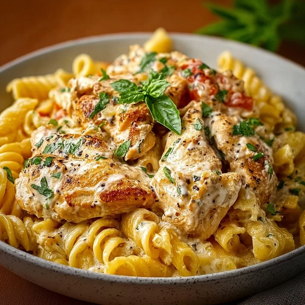 Delicious bowl of Slow-Cooker Boursin Chicken & Pasta garnished with herbs