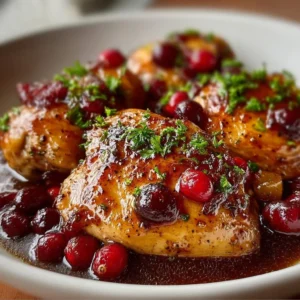 Slow Cooker Cranberry Chicken served in a bowl with sauce and herbs