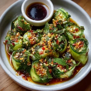 Smashed cucumber and chili crunch rolls presented on a plate