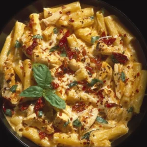 Spicy chicken pasta with mozzarella garnished on a plate