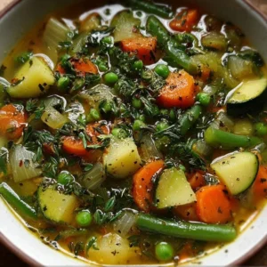 Bowl of vibrant Spring Green Minestrone soup filled with fresh vegetables