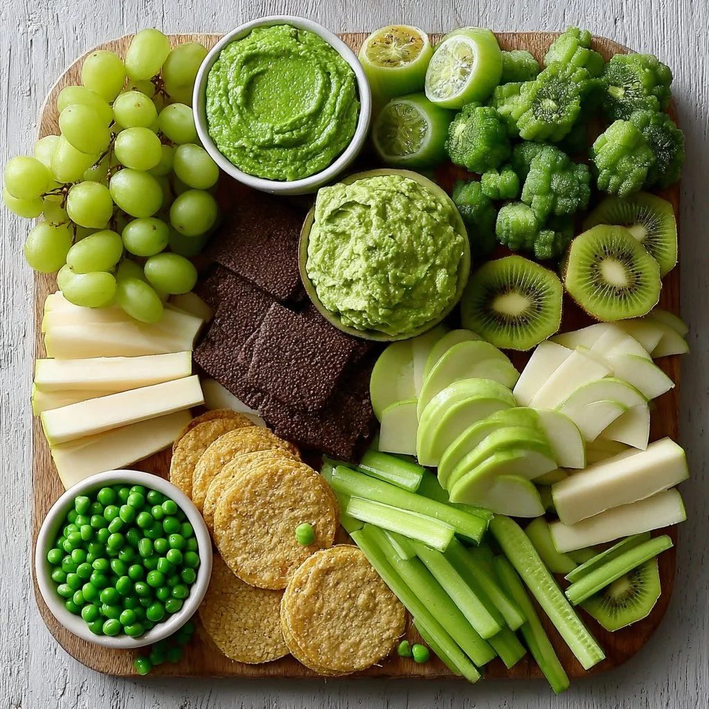 St. Patrick's Day snack board featuring green treats and festive decorations.