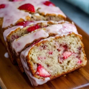 Freshly baked strawberry banana bread with slices served on a wooden table