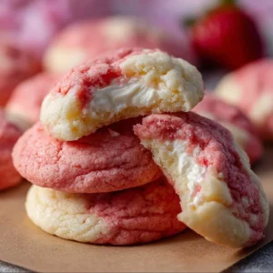 Freshly baked strawberry cheesecake cookies on a cooling rack
