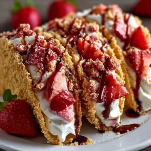 Strawberry Crunch Cheesecake Tacos served on a plate