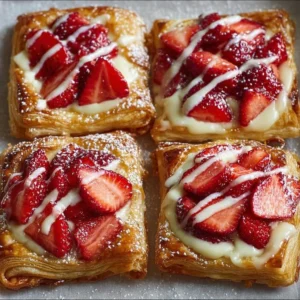 Freshly baked Strawberry Danish pastry with strawberries and glaze.