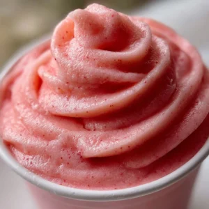 Delicious Strawberry Dole Whip served in a cup with a cherry on top.