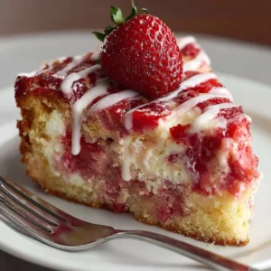 Delicious Strawberry Earthquake Cake topped with fresh strawberries and cream