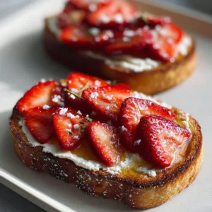 A delicious plate of Strawberry Ricotta Toasts topped with fresh strawberries and drizzled with honey.