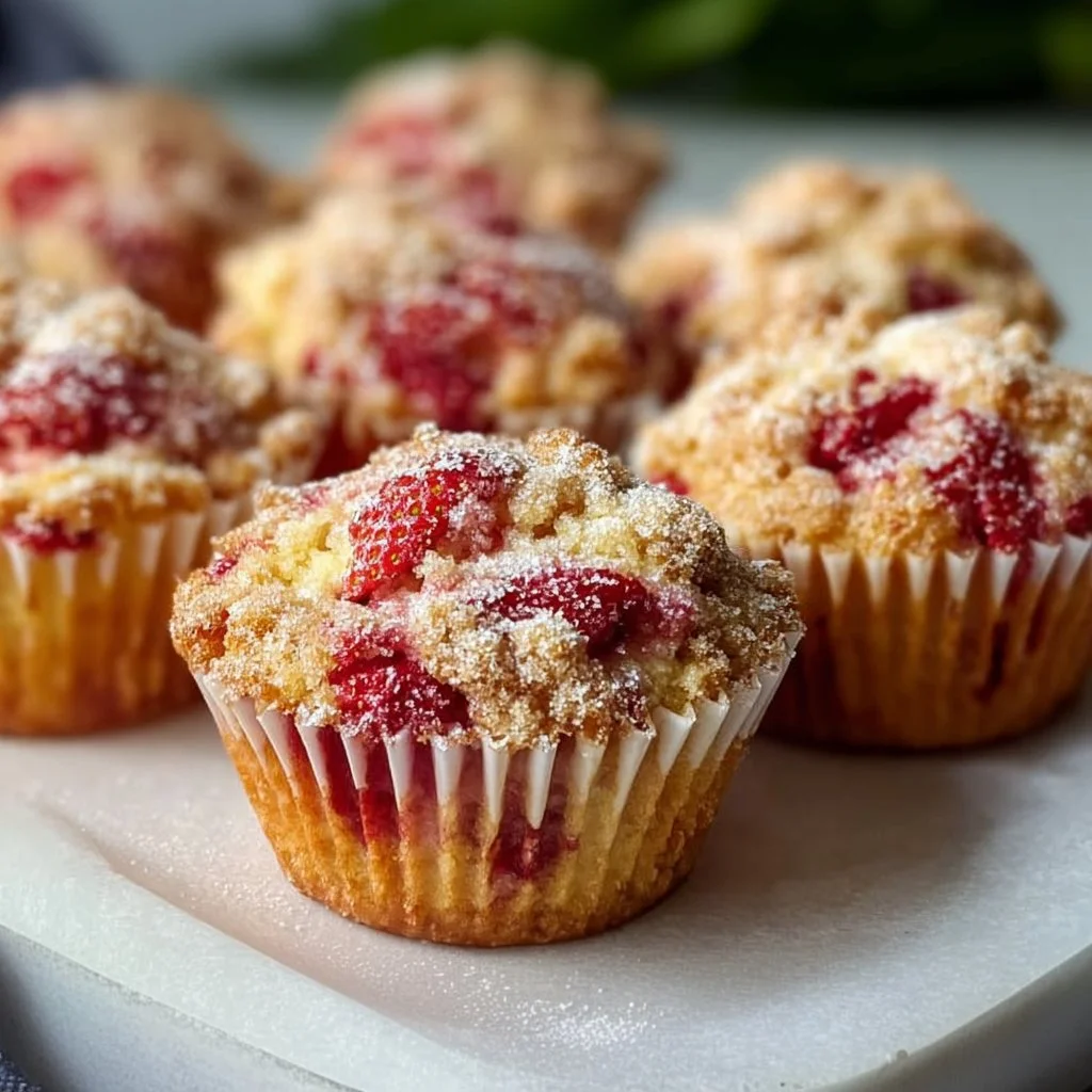 Freshly baked strawberry shortcake muffins topped with strawberries