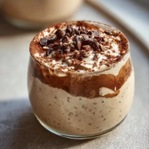 Tiramisu overnight oats in a glass topped with cocoa and chocolate shavings