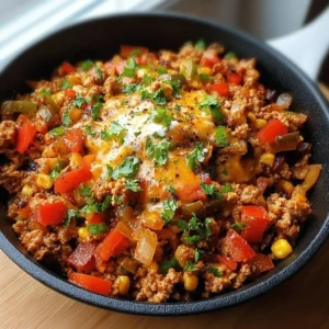 Turkey Taco Skillet dish topped with fresh ingredients and spices.