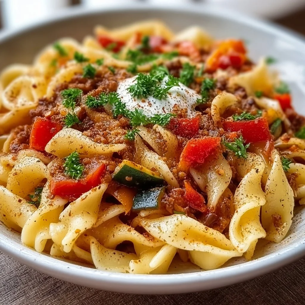 Delicious Turkish Pasta with fresh herbs and spices served in a bowl