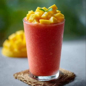 Delicious watermelon mango smoothie in a glass with fresh fruit