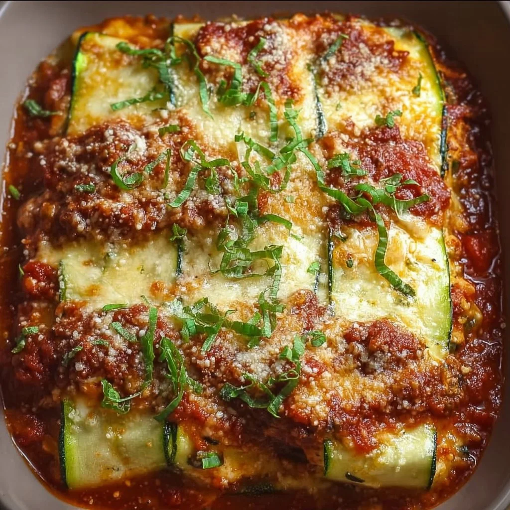 Delicious zucchini lasagna layered with cheese and marinara sauce