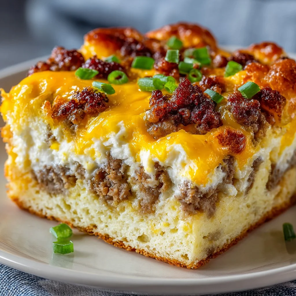 Delicious Amish breakfast casserole with eggs, cheese, and sausage.