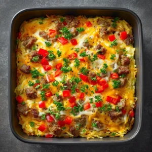 Amish Breakfast Casserole Hash with eggs, potatoes, and cheese