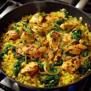 Anti-Inflammatory Turmeric Chicken served with rice on a plate