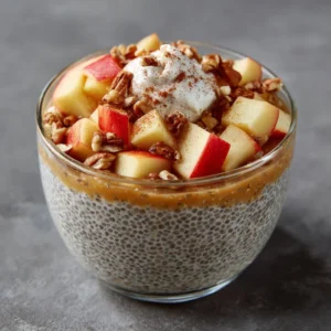 Delicious Apple Crumble Chia Pudding topped with fresh apples and oats.