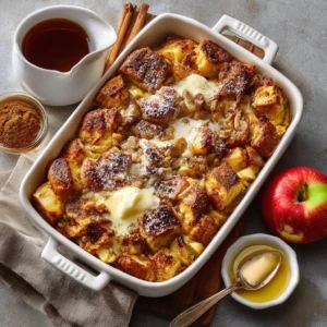 Apple Fritter Breakfast Casserole topped with icing and fresh apples