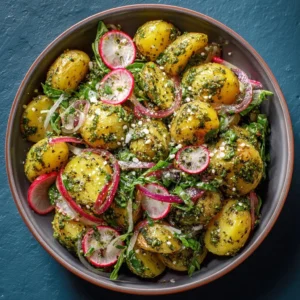 Arugula pesto potato salad garnished with cherry tomatoes and herbs