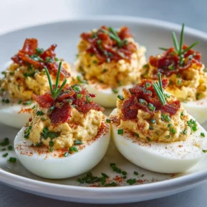 Bacon Deviled Eggs with crispy bacon on top, served on a platter.