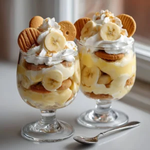 Layered banana pudding parfait with cream and fresh banana slices