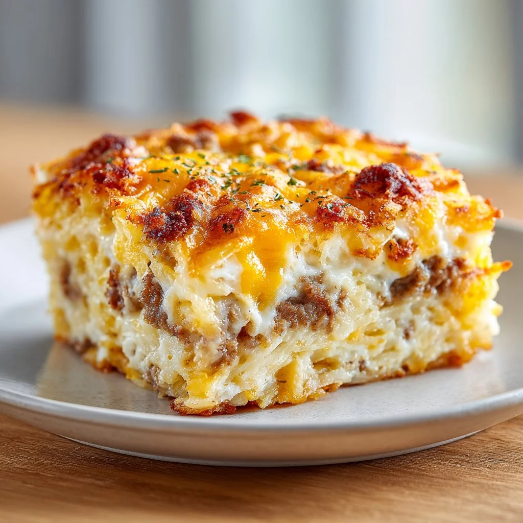 Delicious breakfast hashbrown casserole ready to serve.