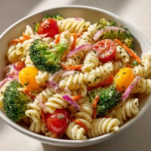 Delicious broccoli pasta salad served in a bowl with fresh ingredients.