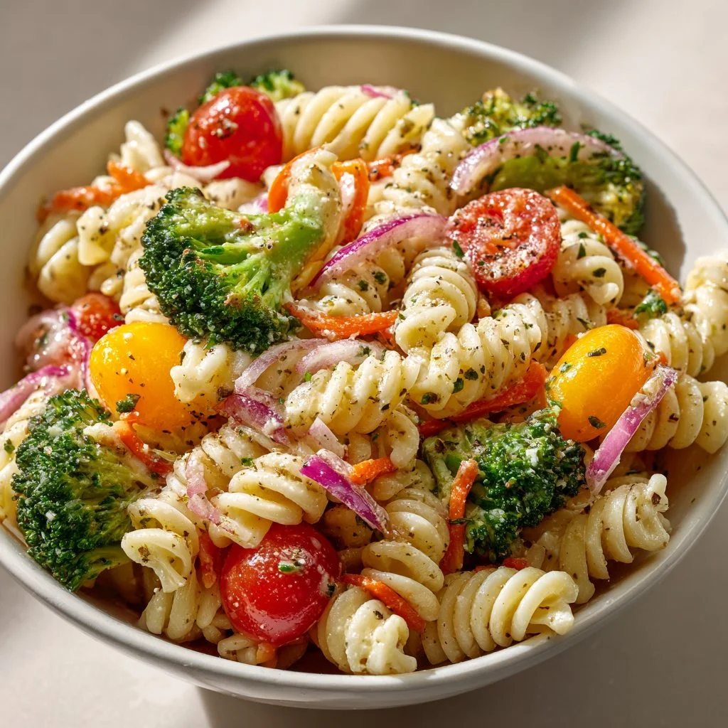 Delicious broccoli pasta salad served in a bowl with fresh ingredients.