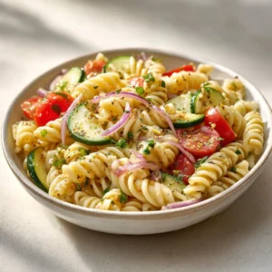 Fresh cucumber pasta salad with tomatoes, basil, and a light dressing