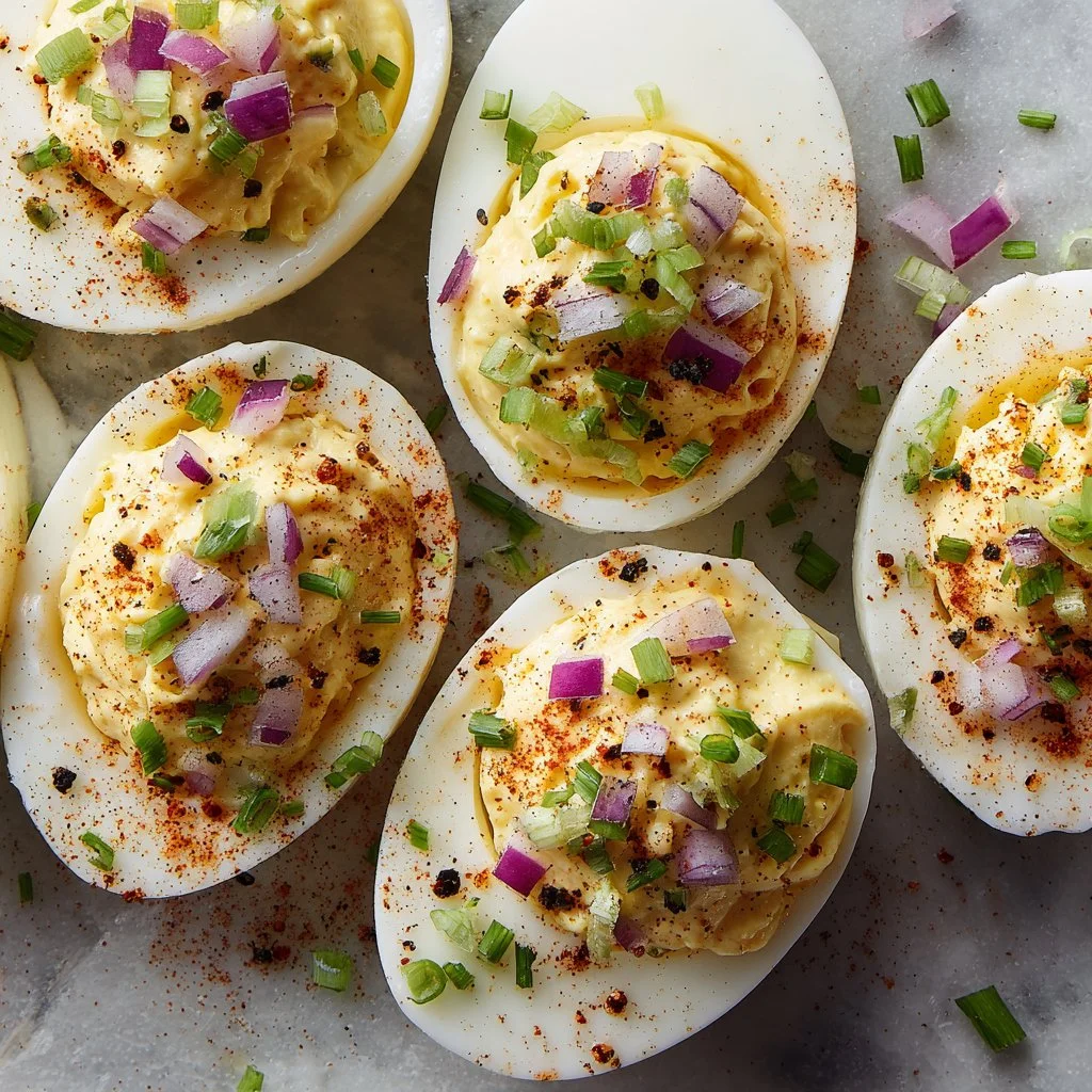 Plate of perfectly prepared deviled eggs with garnishes