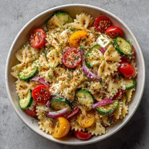 Delicious easy pasta salad recipe with colorful veggies and dressing