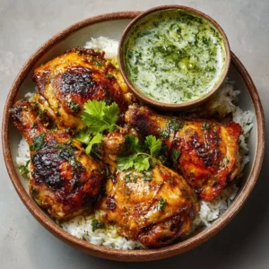 Delicious Peruvian chicken served with creamy green sauce