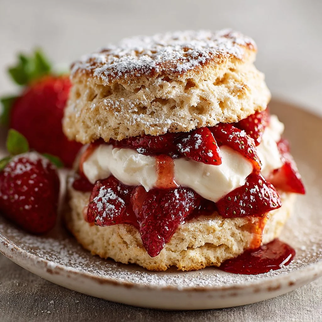 Delicious strawberry shortcake dessert layered with fresh strawberries and whipped cream