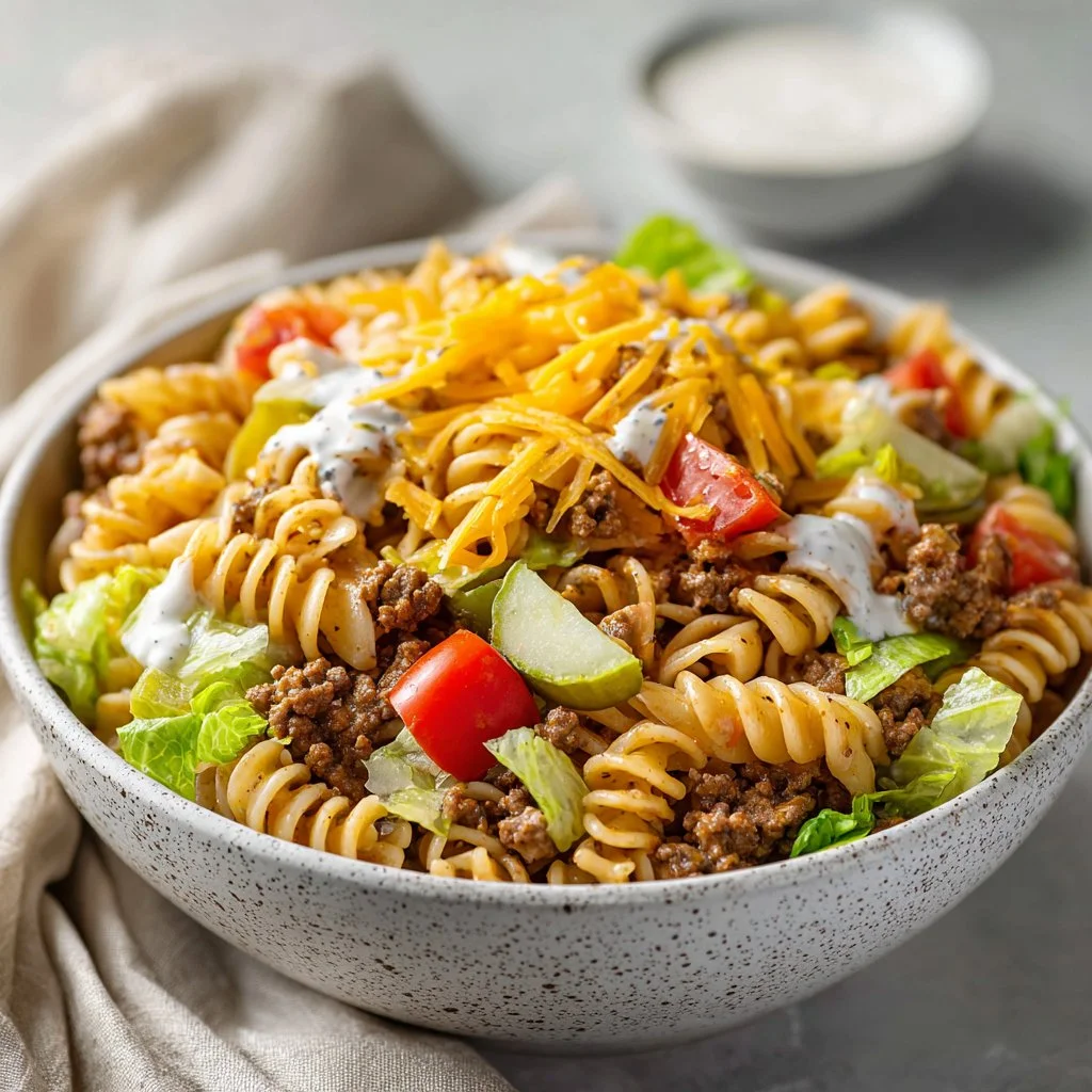 Big Mac Pasta Salad in a bowl with toppings